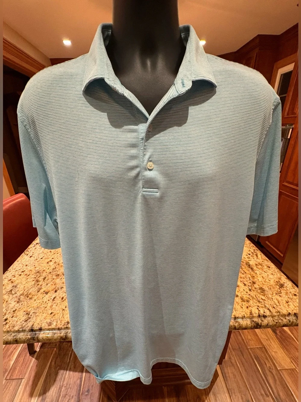 johnnie-O men’s golf polo. Sharp teal/white micro stripe with iconic logo. XL